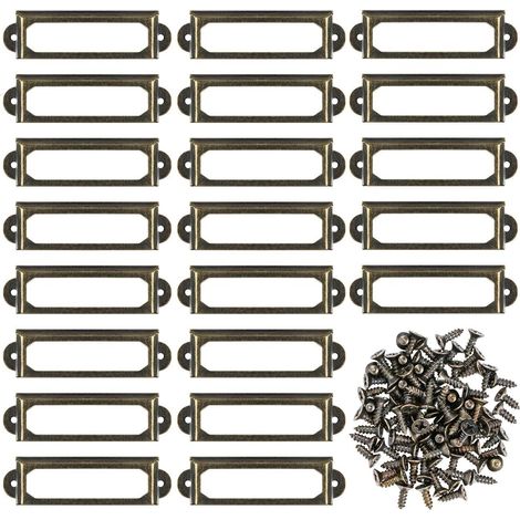 Juego de 50 portaetiquetas metálicos para cajones de muebles, armarios, estanterías de oficina y librerías. Placas de cartón con tornillos. Bronce (60 x 17 mm).