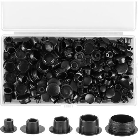 200 Pièces Cache-Vis Pour Trous De Perçage 5/6/8/10/12mm En Plastique Noir Avec Boîte, Bouchons Aveugles Pour Meubles (1/5)