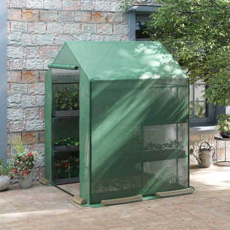 Serre de jardin avec étagères pour plantes - 143x138x190cm - serre balcon avec couverture en PE et porte roulante - verte