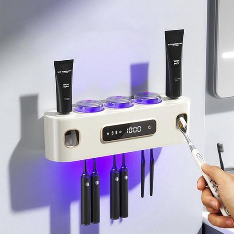 Organizador de baño, portacepillos de dientes, dispensador de pasta de dientes, tubo exprimidor, 2 dispensadores, 6 ranuras, 3 vasos. (1/4)