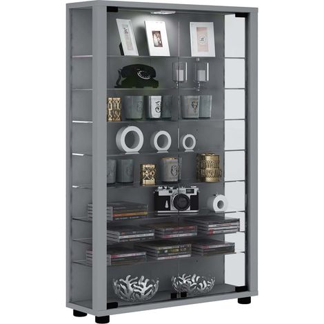 Ebuy24 – Vitrine en bois verre ESG 90x59x18 – 8 étagères LED – Cadre bois réplique – Panneau arrière stable (1/4)