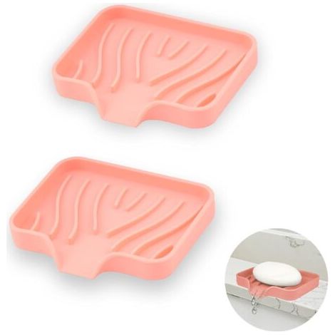 QORVA-2 Pièce Porte Savons Silicone, Porte Savon Salle de Bain avec Évacuation, Support Savon Incliné, Porte-Savons Antidérapants pour Douche, Cuisine et Baignoire (Rose) (1/5)