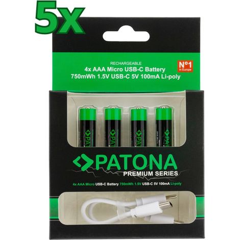 20x PATONA Premium USB-C AAA Akkus Lithium 1.5V 750mWh (5x 4er Blister) (1/5)