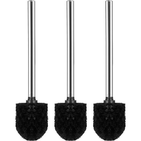 Brosse WC 3pcs Plastique Brosses de Toilette avec Acier Inoxydable Poignée (Noir + Argent) (1/5)