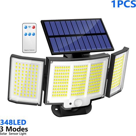 Dreiflammige Solar-Wandleuchte (348 LEDs) mit Fernbedienung und Bewegungsmelder, ideal zur Beleuchtung von Terrassen, Balkonen und Innenhöfen. Auch geeignet für Gärten, Garagen, Terrassen und Einfahrt