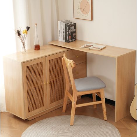 Escritorio esquinero 126x40x75 cm color madera natural en MDF con giro 360° y armario de almacenaje (1/5)