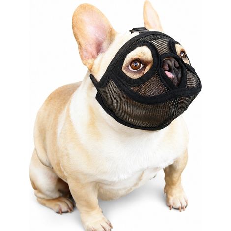 Muselière respirante pour bouledogue, anti-morsure et anti-ingestion, noire, taille M, maille ajustable pour chiens à museau court (1/5)