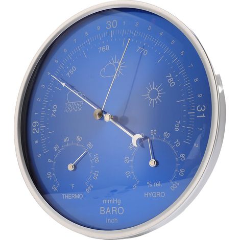 Station météo 3 en 1 Thermomètre baromètre hygromètre en Alliage d aluminium Cadran Bleu 180 mm Suspendre Idéal Maison Jardin Garage (1/5)