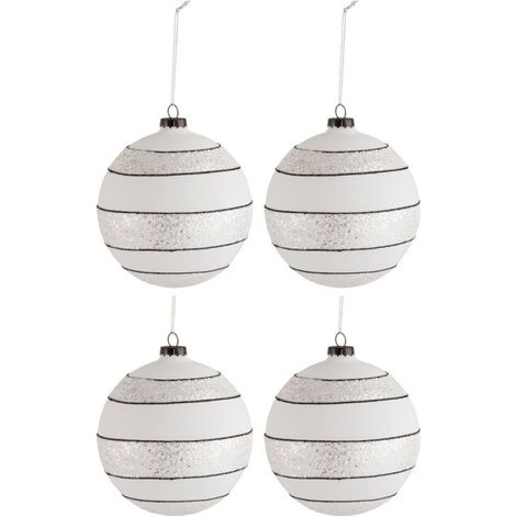 Lot de 4 Boules de Noël "Paillettes Lignes" 10cm Blanc