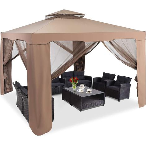 COSTWAY Gazebo da Giardino con Zanzariera 3 x 3 m, Struttura in Acciaio e 4 Tendine Poliestere Laterali, Caffè