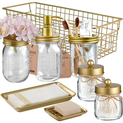 Ensemble Complet d'accessoires de Salle de Bain Mason Jar 8 pièces – Distributeur de Savon, Porte-Brosse à Dents, 2 Supports QTip, Vase à Fleurs, Porte-Savon, Plateau de courtoisie (1/5)