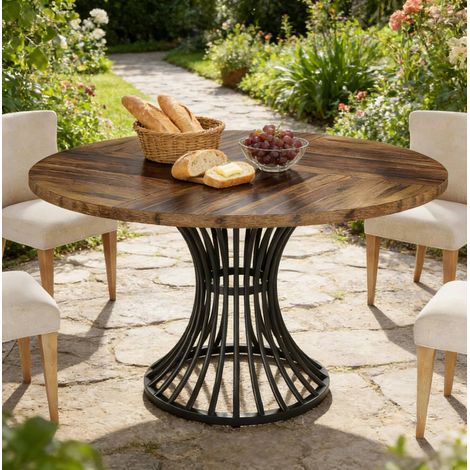 REDOM mesa de comedor redonda (107x73x22.5 cm), para 6 personas, patas ajustables, MDF y metal, negro y marrón rústico (1/5)