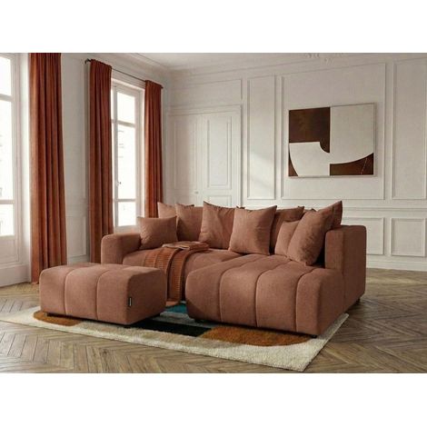 BOBOCHIC - Canapé d'angle L convertible coffre ROXELANE tissu chiné avec pouf Angle droit  Orange
