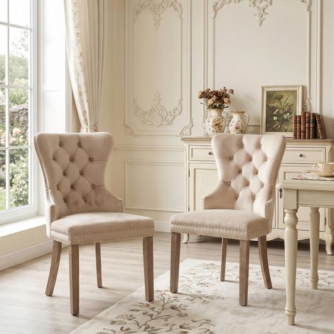 Lot de 2 chaises, dossier rembourré, revêtement à boutons, heurtoir de porte unique, Pieds en bois massif, convient pour le salon, la cuisine, chaises de salle à manger, Beige