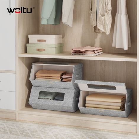 WOLTU 3x Faltbare Aufbewahrungsbox mit Deckel, Schrank Organizer mit Griffen, für Kleidung Bücher, Sichtfenster, Magnetverschluss, aus Vliesstoff, Grau + Beige