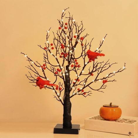 Arbre lumineux vintage avec cardinal, arbre lumineux à LED, fonctionne à piles scintillantes, lampe avec branches éclairées, pour Halloween, Noël – Décoration de table et de cheminée (1/5)