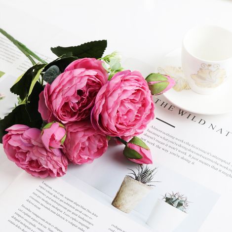 Simulation 5 Têtes Automne Pivoine Fleur Artificielle Soie Rose Bouquet Accessoires DIY Décoration De Fête De Mariage Pas Cher Arrangement De Fleurs-Rose Rouge
