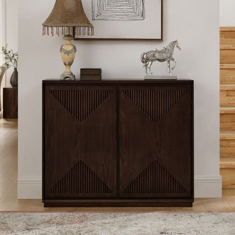 Buffet étroit 99x23,5 cm avec portes à motif chevron, rangement et pieds en bois massif, MDF, style mid-century, Effet noyer foncé (1/5)