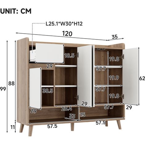 Buffet rangement 4 portes 1 tiroir étagère réglable blanc naturel 120x35x99 cm