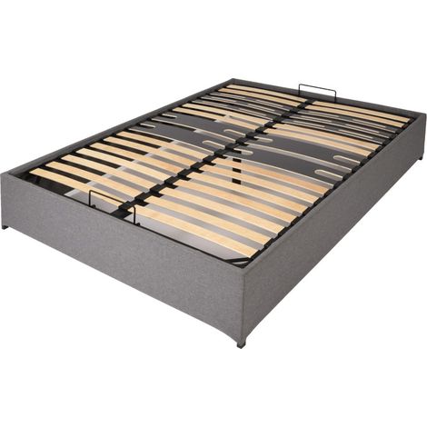 Lit coffre Savio 140x190 – Tissu polyester gris clair – Structure acier – 36 lattes multiplis bois – Gain de place – Sedac