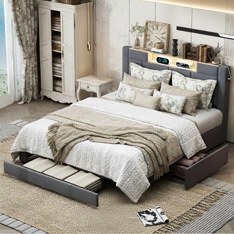 Cama de 140x200 cm con cajones, cama doble con 3 cajones, función de carga USB + Tipo C, cabecero con paneles de almacenaje e iluminación LED, somier de láminas, terciopelo, Gris (1/5)