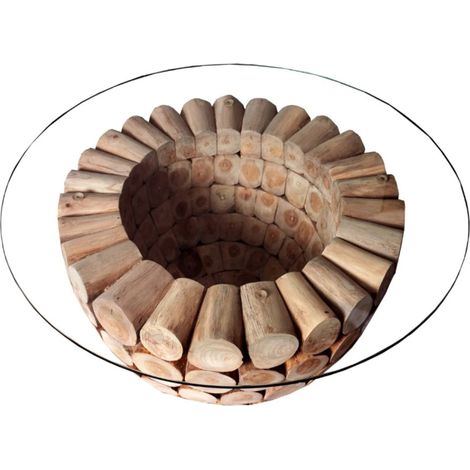 Tavolino basso ARBOREA rotondo 70 cm in legno massiccio e vetro temperato - piede centrale design in tronchetti