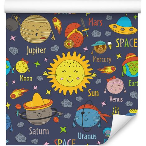 Papel pintado con planetas, sol y ovnis para salón y dormitorio, 50x1000 cm. (1/5)