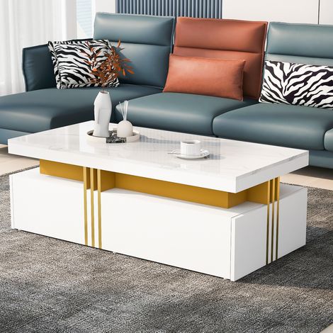 Table basse rectangulaire moderne avec plateau très brillant avec 2 tiroirs en bois,plateau de table en marbre,pour le salon,1005040 cm-Go (1/5)