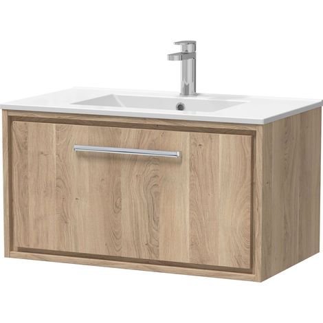 Longnor 1 Drawer Wall Hung Vanity Unit with 1 Tap Hole Minimalist Basin, Light Oak, 800mm