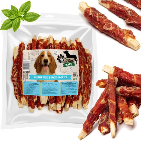 Premio para perros Mr. Pretzel Soft Duck and Bacon Strips 500g