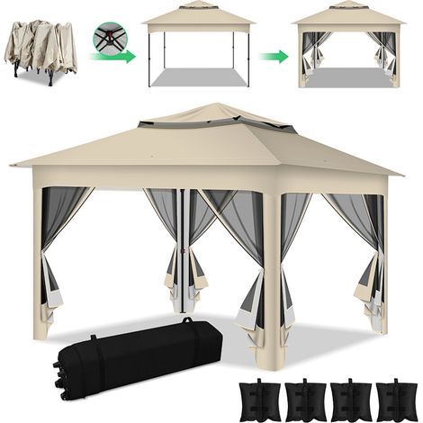 Randaco Cenador plegable de jardín 3,3 × 3,3 m con mosquitera y doble techo ventilado – Beige