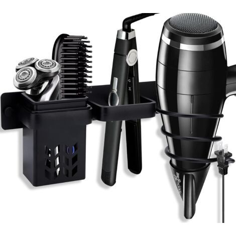 Porte Sèche Cheveux, Support de Lisseur avec Range-Câbles, Support Seche Cheveux Sans Percage, Supports de Lisseur en Aluminium pour hôtel de Chambre à Coucher de Salle de Bain (Noir) (1/5)
