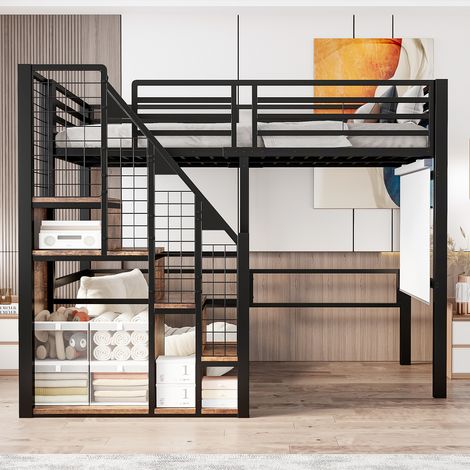 Lit superposé enfant en métal noir 90x200 cm avec échelle sécurisée, étagère intégrée, pour ado ou chambre simple
