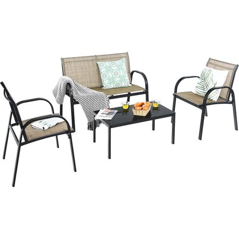 COSTWAY 4 TLG. Gartenmöbel Set, Terrassenmöbel mit Bank, 2 Stühlen & Couchtisch, Lounge Balkonmöbel Set Outdoor, Gartengarnitur für Terrassen, Balkon, Garten (Braun) (1/5)