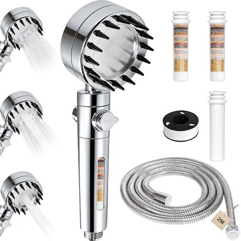 Pommeau de Douche Anti Calcaire Haute Pression Argent avec Tuyau 2M (1/5)