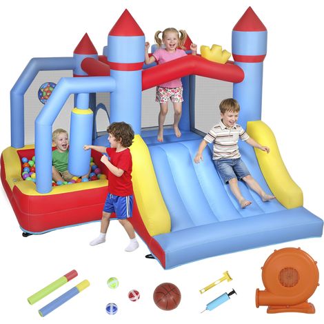 Château gonflable 5 en 1 avec souffleur, parc aquatique structure gonflable, toboggans, trampoline, multicolore