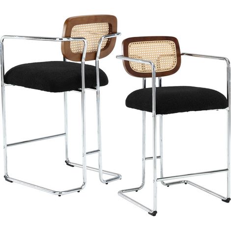 Wahson Tabourets de Bar Moderne en Fausse Fourrure, Chaise de Bar Lot de 2 Chaise Haute Cuisine Pied Métal Chaise de Bar avec Dossier Rotin, Noir (1/5)