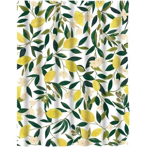 Rideau de douche en tissu imperméable décoré de motifs de citron, de fruits, de feuilles vertes et de plantes, 180 x 180 cm, imperméable, lavable, convient pour une utilisation dans la salle de bain.