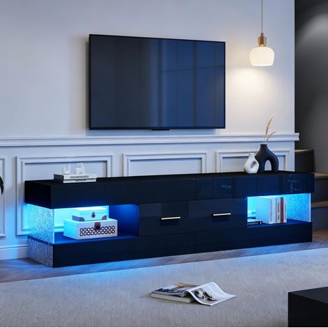 Meuble TV 152x35x40 cm en panneaux de bois et acrylique noir, avec rangement pour salon FloraGrace (1/5)