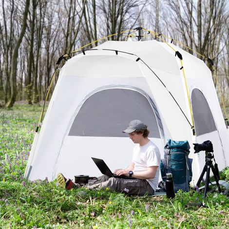 Tente de camping, avec 4 portes 4 fenêtres sac de transport inclus camping randonnée blanc gris, tente pop up dôme familiale 4 personnes