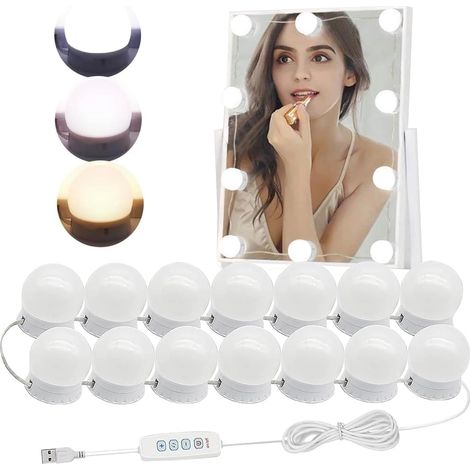 Luces para espejo estilo Hollywood con cable de alimentación USB, 3 colores, luces para espejo de baño, 10 niveles ajustables (bombillas tipo B-14)
