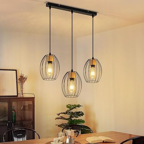GBLY Hängelampe Vintage Pendelleuchte Esstisch 3 Flammig Schwarz Metall Holz E27 Retro Für Wohnzimmer Schlafzimmer Küche Ohne Leuchtmittel (1/5)