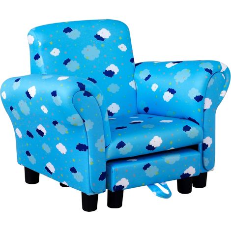 Toddler Chair Children's Armchairs Wood Frame w/ Footrest Anti-Slip Legs High Back Arms for Bedroom Playroom Cute Cloud Star Blue