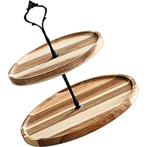 Support à desserts en bois vintage écologique, présentoir à gâteaux fruits snacks 2 étages, grand modèle noir couronne (1/5)