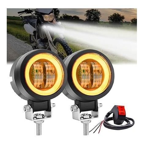 Phares Antibrouillard LED Moto 3 Pouces 20W 12V/24V - Feux Additionnels avec DRL Anneaux Lumineux - Inclut Interrupteur - 2 Pièces (jaune) (1/5)