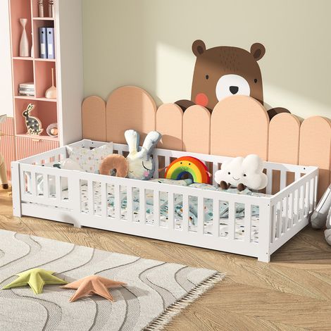 Lit Enfant 90x200 cm, Lit au Sol, Lit Simple Bébé avec Barrière de Sécurité et Sommier à Lattes, Cadre de Lit en Bois, Pour Garçons et Filles, Blanc