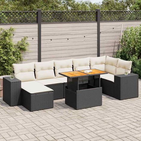 Ensemble Salon Jardin 8 Places Noir Résine Tressée avec Table Réglable et Coussins Crème - Mobilier Extérieur Modulaire avec Rangement (1/5)