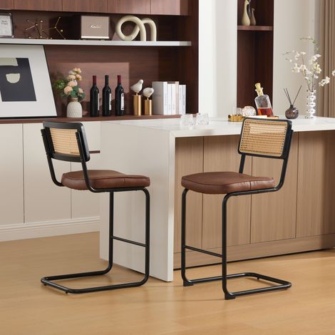 Set di 2 sgabelli da bar senza braccioli, schienale in legno e rattan, seduta imbottita, struttura in metallo verniciato - marrone (1/5)