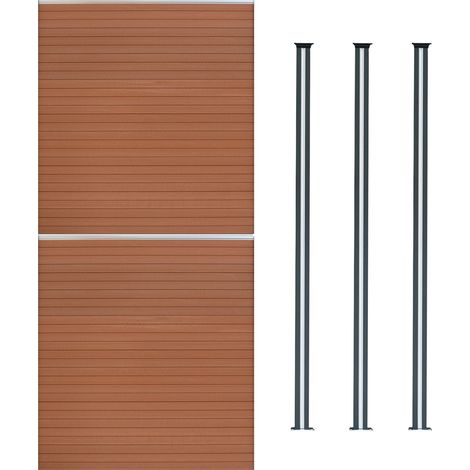 Pannelli Recinzione x2 + 3 Pali LED in Alluminio Marrone Doppia Finitura Effetto Legno PVC 185x353cm Recinto da Giardino Patio Privacy Esterno Solare