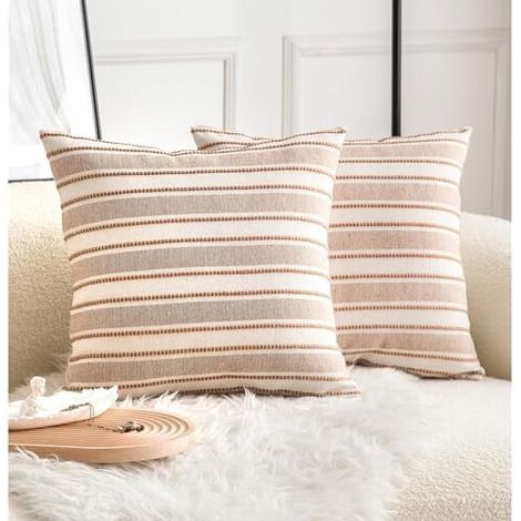 Fundas de cojín de estilo bohemio, 20x20 pulgadas, juego de 2 piezas fundas de cojín texturizadas de estilo rústico, adecuadas para sofás, sillas y dormitorios – rayas marrones y beige.